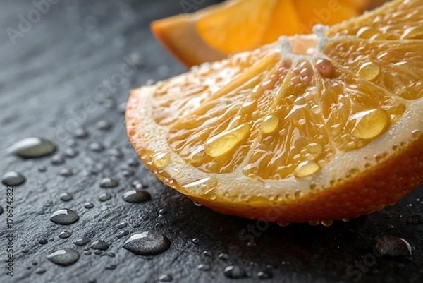 Fototapeta Close up of a juicy orange slice with water droplets on a dark surface