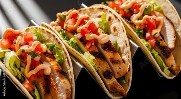 Fototapeta Three Grilled Chicken Tacos in Soft Tortillas with Crisp Lettuce, Fresh Salsa, and Creamy Sauce, in a Metal Holder