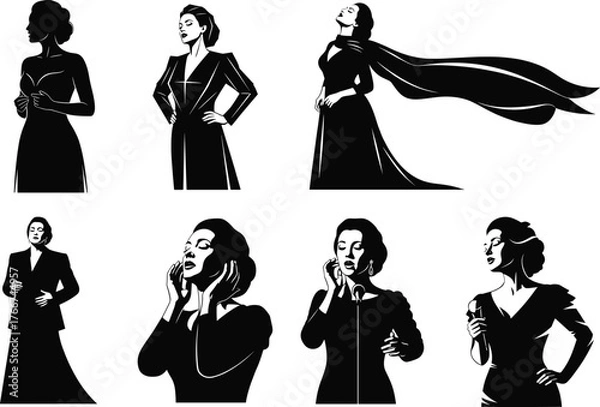Obraz Opera singer silhouette, dramatic pose, vocal performance art, elegant costume, expressive gesture, black figure, stage presence, musical emotion, theatrical flair