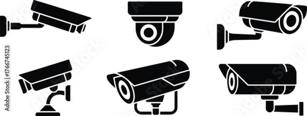 Fototapeta Surveillance camera icon set, security system vector, CCTV equipment illustration, black and white minimal design, monitoring technology, isolated clipart