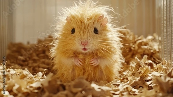 Obraz Golden hamster sitting in a cage with wood shavings, bright sunlight in background, for pet or animal content