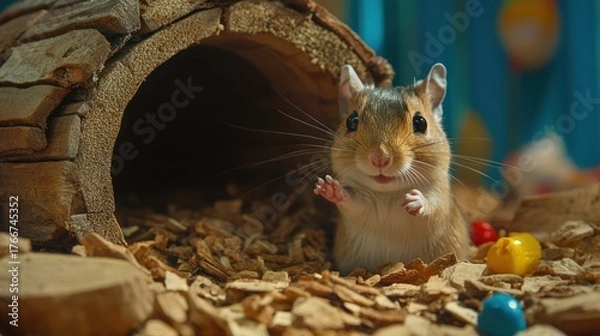 Obraz Chipmunk by wooden cave, raising paws, toys on floor, colorful background, for educational or animal use