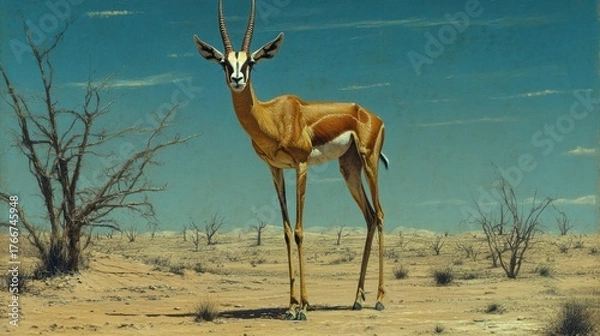Obraz Antelope stands in a barren landscape under a blue sky, illustration for wildlife