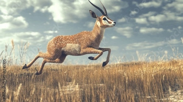 Obraz Antelope leaps over dry grass in open field with a cloudy sky, stock photo use