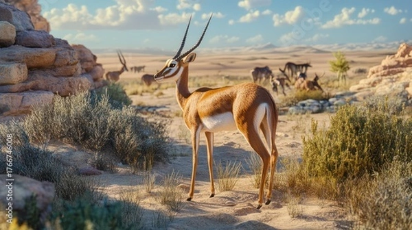 Obraz Antelope stands near rocks in desert; others graze in a vast arid landscape