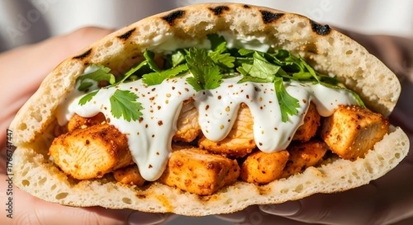 Fototapeta Spicy Chicken Tikka or Shawarma in Pita Bread with Creamy Yogurt Sauce and Fresh Cilantro