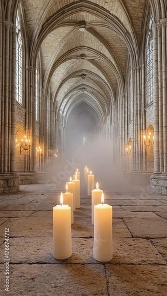 Fototapeta A dimly lit corridor with floating white candles. The Halloween atmosphere is spooky and mystical, enhanced by fog and gothic architecture