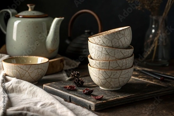 Fototapeta Elegant tea set with teapot and bowls on a wooden board in dark light