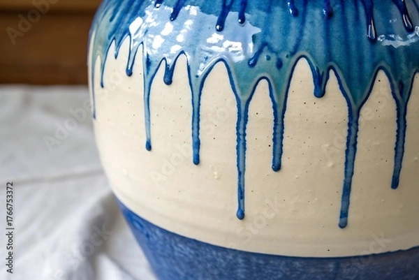 Obraz Closeup of a handmade ceramic vase with blue glaze dripping down
