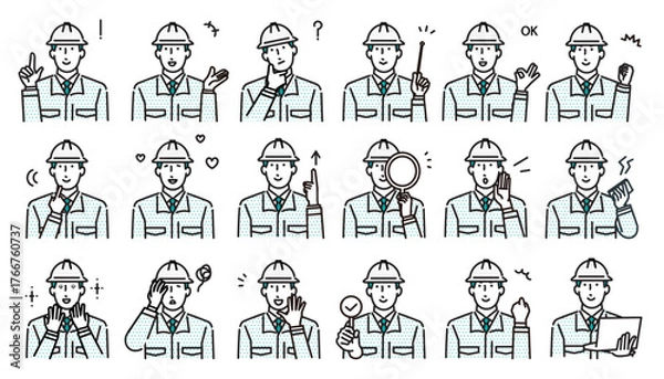 Obraz ビジネスパーソンー作業服の男性アバターー上半身ーオシャレアイコンセットシンプルベクターイラスト素材