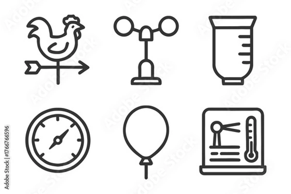 Fototapeta A variety of weather-related icons, including a chicken, a weather vane, a thermometer, and a clock. The icons are arranged in a row. Vector.