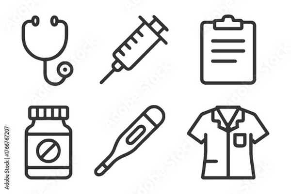 Fototapeta A set of medical icons including a stethoscope, syringe, thermometer, and a doctor's jacket. Vector.