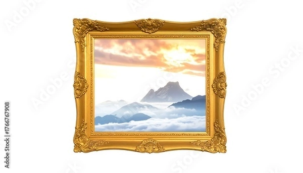 Obraz Ornate gilded frame showcasing a mountain scene with clouds