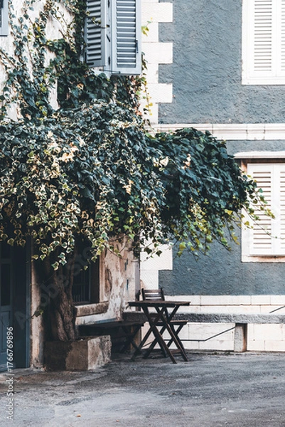 Obraz old street in the village of montona, in croatia, with small table with chairs and a lot of ivy