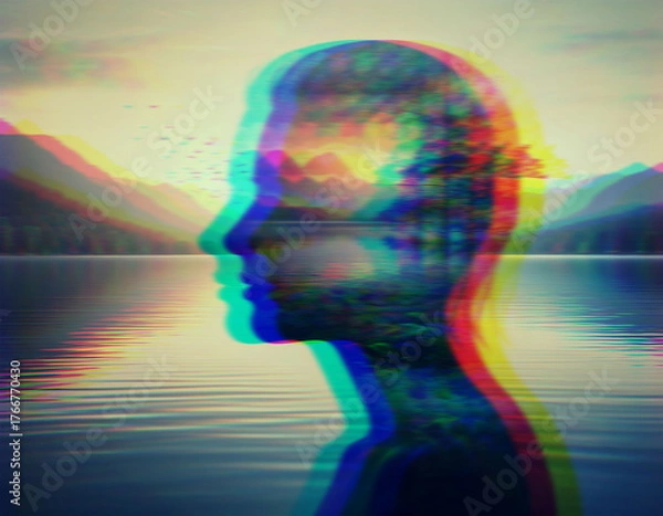 Fototapeta Glitch Effect Serene Landscape in Mind Silhouette for Mental Health and Anxiety Concept