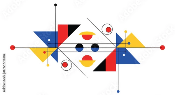 Obraz Geometric abstract composition with intersecting lines and colorful shapes on a white background.