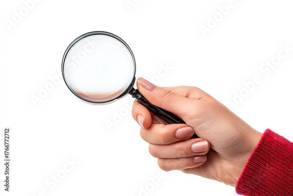 Obraz A female hand holding a magnifying glass isolated on a white background