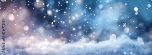 Obraz Christmas winter blurred dreamy background, Christmas tree decorated with garland lights and snowflakes, festive celebration atmosphere background, widescreen backdrop. New Year art design, widescreen