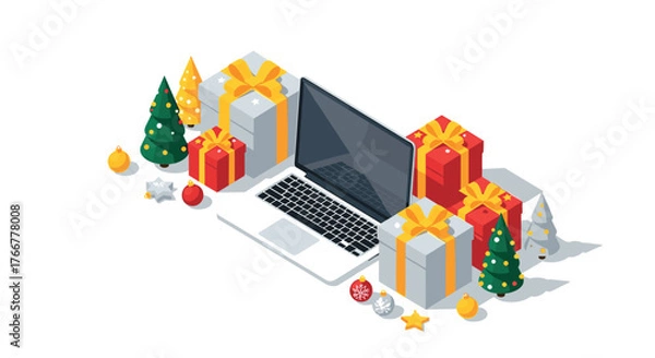Fototapeta Festive desktop scene with gifts and holiday decor in isometric style