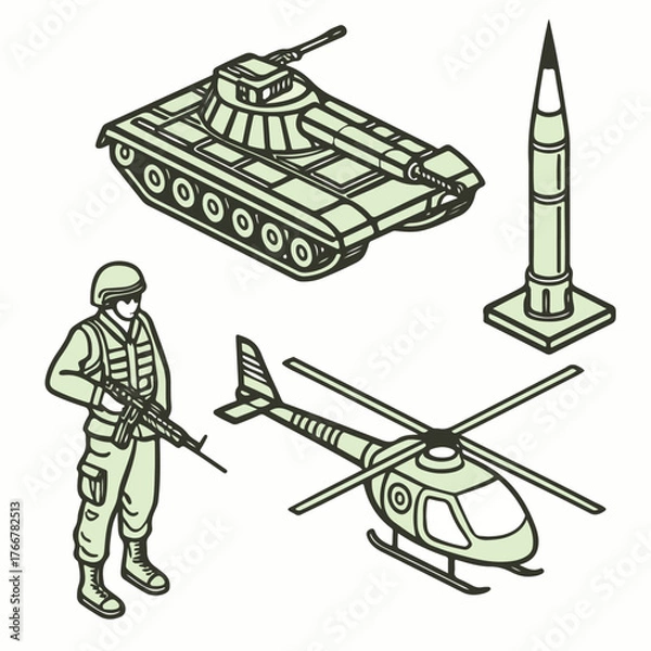 Fototapeta Classic army man standing with a weapon and tanks in the background, drawn in vector art for antique war-themed illustration and poster design