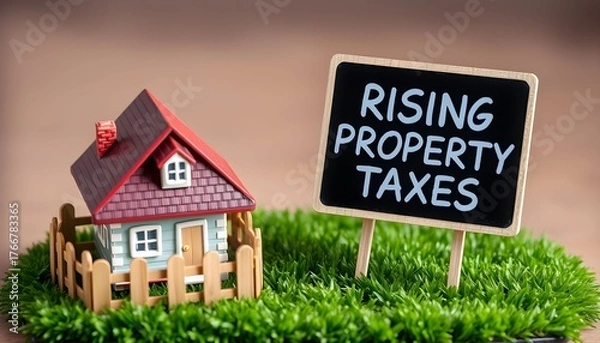 Fototapeta A miniature house with a small fence on green grass next to a sign displaying 'RISING PROPERTY TAXES', symbolizing increasing housing costs.