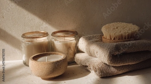 Fototapeta Handmade bathroom with clay soap dish, natural loofah, linen towel, and glass jar candles, neutral earthy tones, morning light, calm spa atmosphere