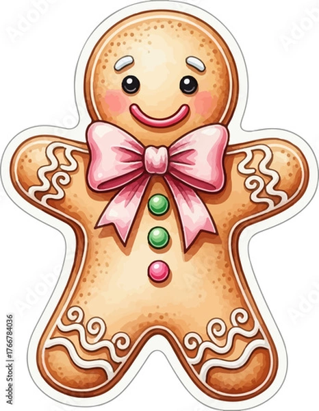 Obraz Adorable watercolor illustration of a smiling gingerbread man cookie sticker with a large pink bow.
