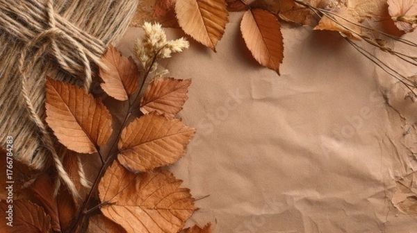 Fototapeta Handmade composition with dried autumn leaves, kraft paper and twine, warm orange and brown palette, natural texture, golden hour lighting, space