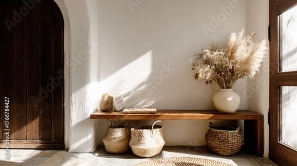 Fototapeta Handmade entryway with wooden bench, woven baskets, ceramic vase with dried grass, minimalist decor, sunlight filtering through door, cozy warm