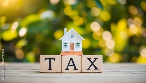 Fototapeta A small house model sits atop blocks spelling out the word TAX, symbolizing property taxes.