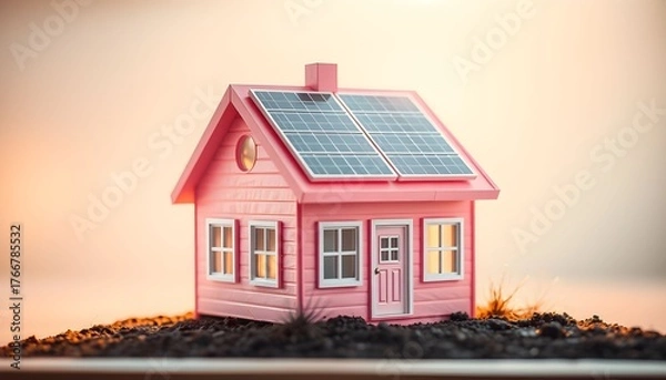 Fototapeta A charming pink house with solar panels on its roof, set against a soft, warm-toned background.