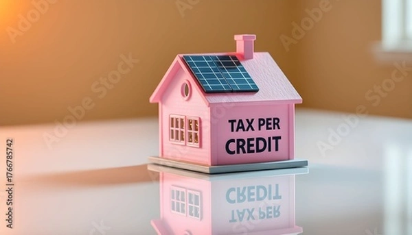 Obraz A miniature pink house with a solar panel on the roof, labeled 'TAX PER CREDIT'.
