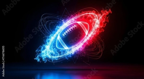 Fototapeta Dynamic glowing football with vibrant red and blue neon energy trails and light effects