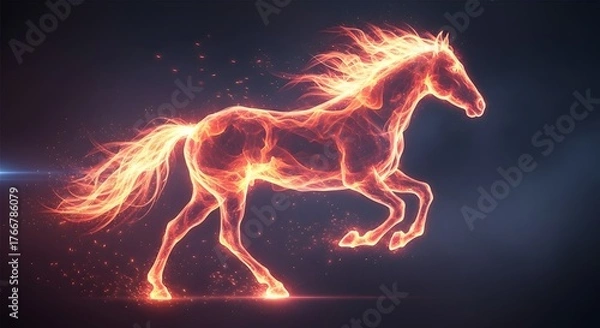 Fototapeta Abstract fiery horse in full gallop, a vibrant light display of powerful energy and dynamic movement