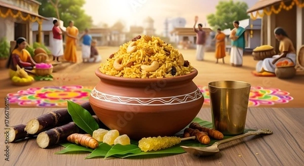 Fototapeta Chakkara Pongal in a clay pot, set on banana leaves , the harvest festival.