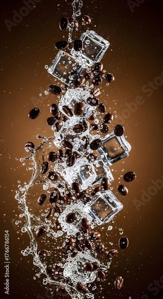 Fototapeta Dynamic splash of robust coffee beans and refreshing ice cubes in a natural, energetic flow, creating a vibrant beverage experience