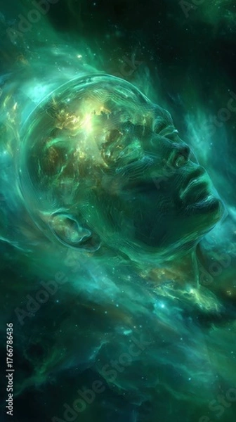 Fototapeta humanoid sleeping in space, transparent head showing glowing emerald and gold brain, surrounded by swirling cosmic energy, soft nebula glow, serene