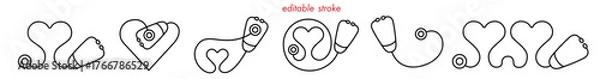 Fototapeta Abstract stethoscope set, heart shape editable stroke medical icon on white background. Healthcare symbol to use for health science, medical care, medical innovation, healthy lifestyle projects.
