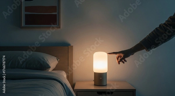 Fototapeta 就寝前にベッドサイドランプに触れて消灯する手、静かな夜の寝室