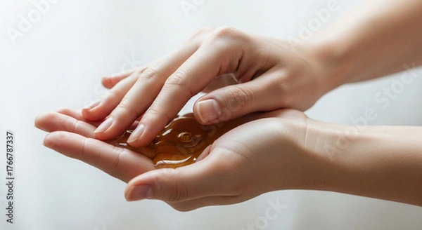 Fototapeta 手のひらに広げたボディオイル、やさしくなじませる保湿ケア