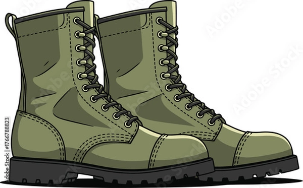Obraz Vector art of pair of military boots on a brown background for army or war concept