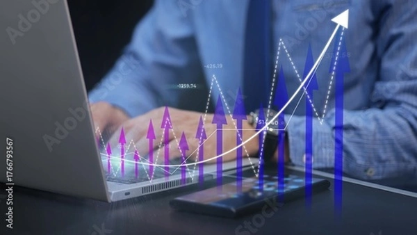 Fototapeta Businessman analyzing 3D data statistics on laptop. Analytics and digital strategy concept. Graphic