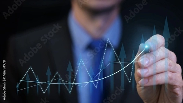 Fototapeta Man in office using virtual chart to project 2026 corporate profit growth, marketing strategy, and financial management visualization