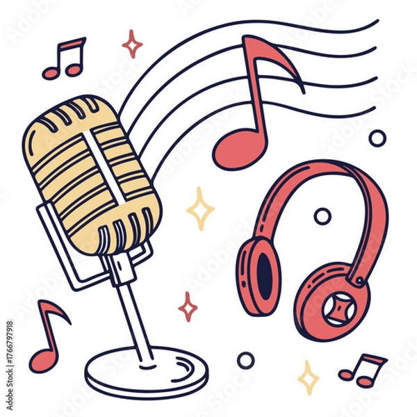 Fototapeta Vintage music vector illustration with a classic microphone and headphones surrounded by colorful notes