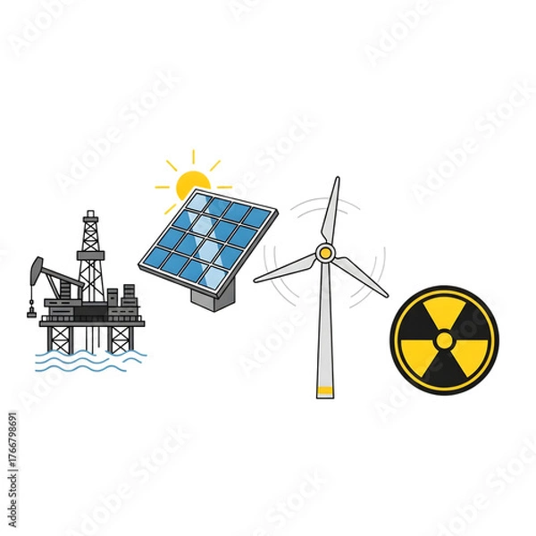 Fototapeta Illustration of illustration showing different types of energy production, including fossil fuels, solar, wind, and nuclear energy isolated on transparent background