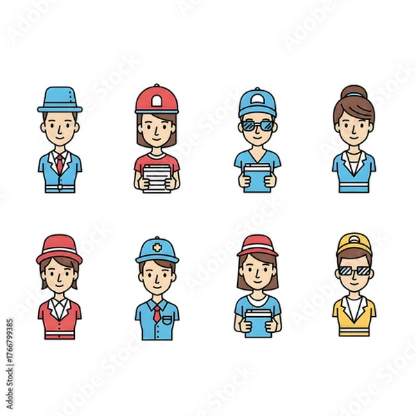 Fototapeta Illustration of diverse group of people in various professions, including teacher, student, worker, and employee isolated on transparent background a colorful and inclusive vector illustration