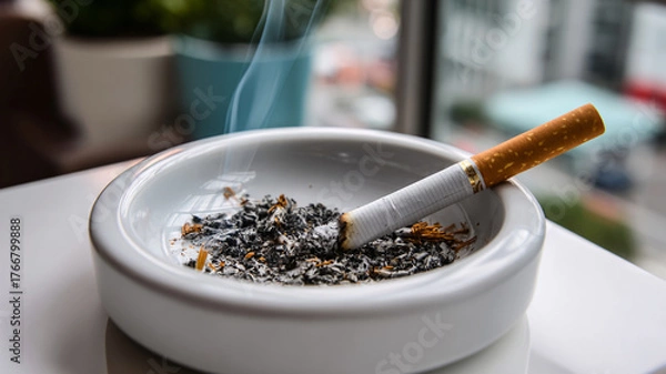 Obraz Cigarette resting in a decorative ashtray on a dark surface - Concept of worldwide day without tobacco
