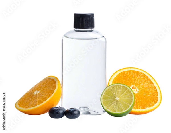 Fototapeta A clear liquid-filled bottle is flanked by oranges, a lime, and blueberries against a plain, dark background