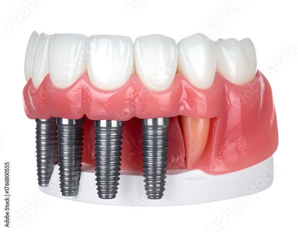 Fototapeta A close up of a denture model with titanium implants protruding from the gum line, against a solid black background