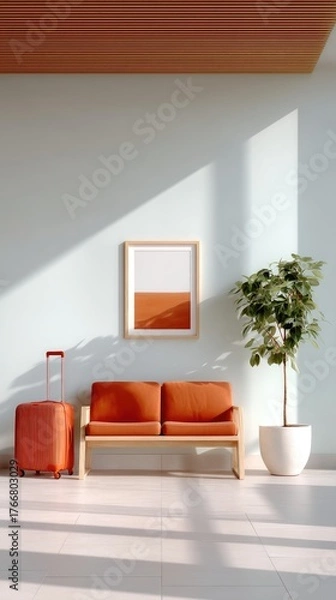Fototapeta Orange Hard Shell Luggage Standing Beside A Minimalist Wooden Sofa With Orange Cushions And A Potted Green Plant In A Bright Room With Natural Light Streaming Through A Window Casting Shadows
